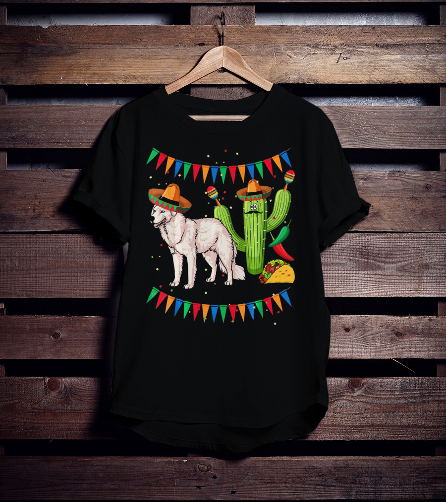 Sombrero Kuvasz Dog Mexican Fiesta With Cactus And Taco Cinco De Mayo T-Shirt