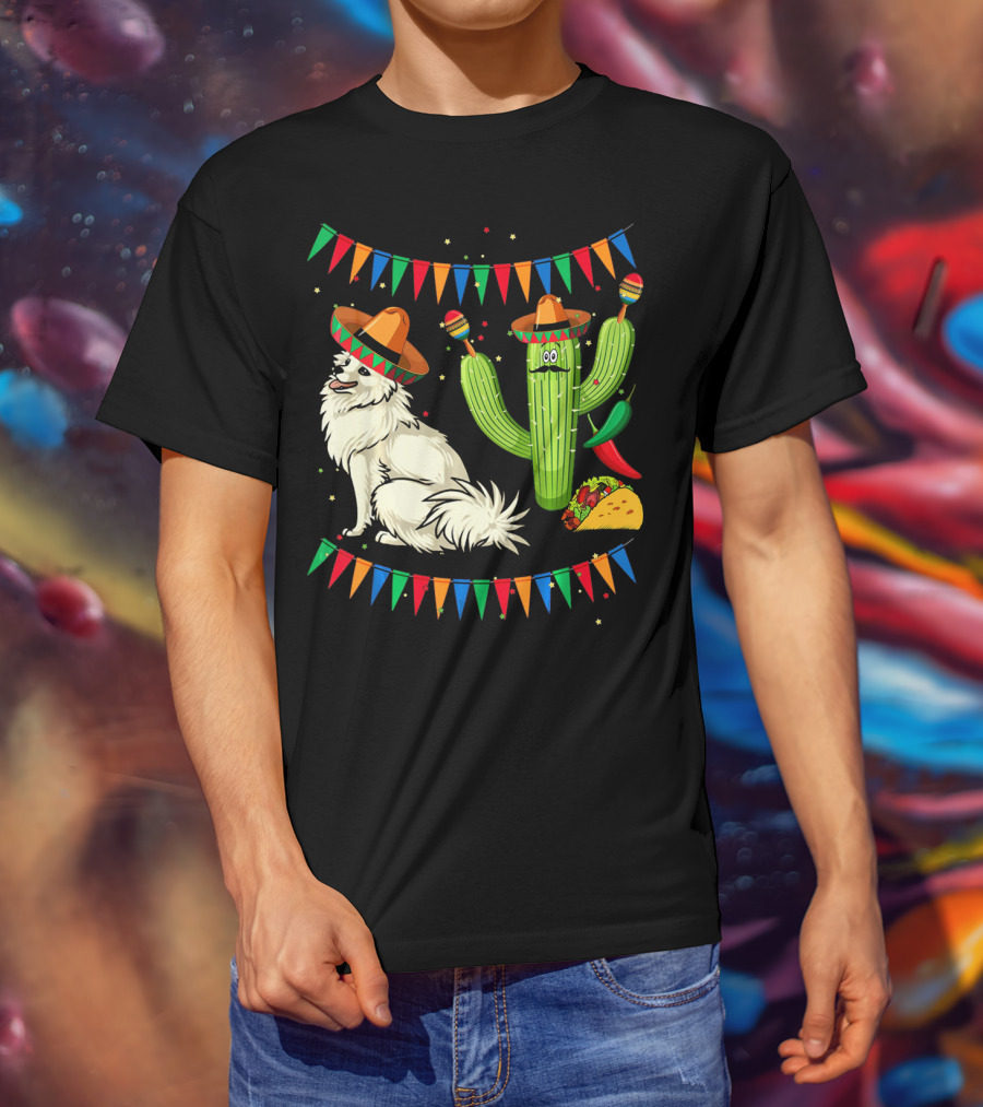 Sombrero American Eskimo Dog Mexico Cactus Fiesta Taco Peppers T-Shirt