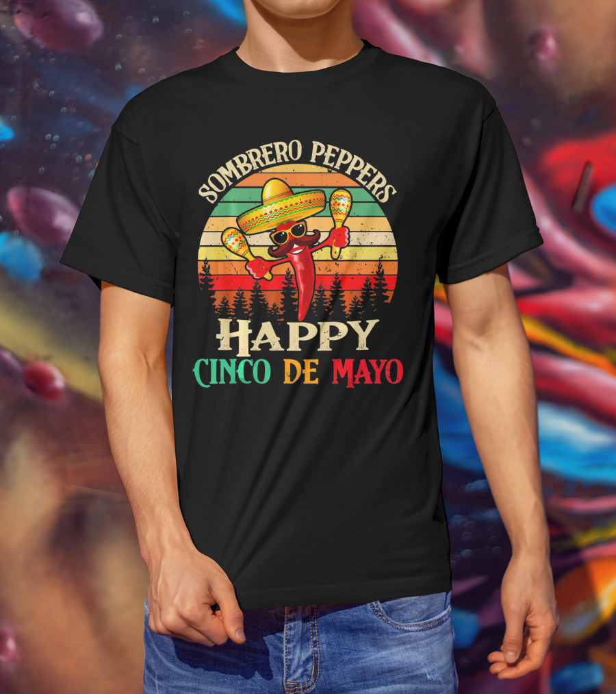 Sombrero Peppers Happy Cinco De Mayo Vintage Sunset T-Shirt