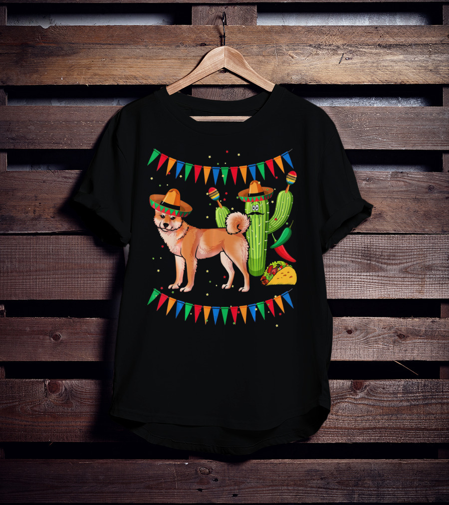 Sombrero Shiba Inu Dog Mexico Cinco De Mayo Celebration With Cactus And Taco T-Shirt