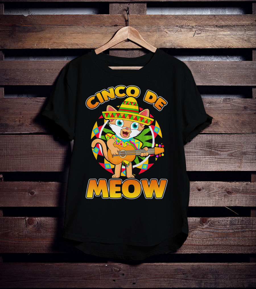 Cinco De Meow Mexican Sombrero Cat Playing Guitar T-Shirt