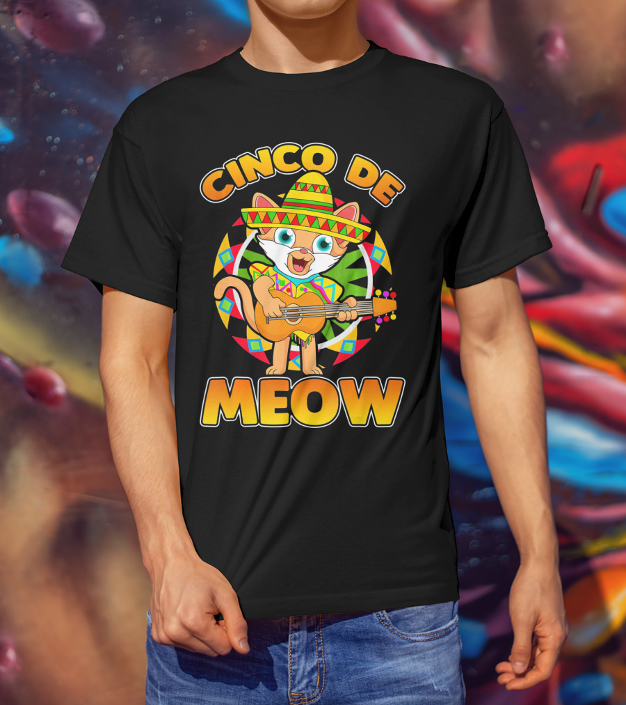 Cinco De Meow Mexican Sombrero Cat Playing Guitar T-Shirt
