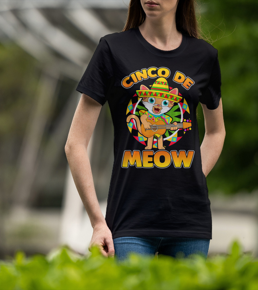 Cinco De Meow Mexican Sombrero Cat Playing Guitar T-Shirt