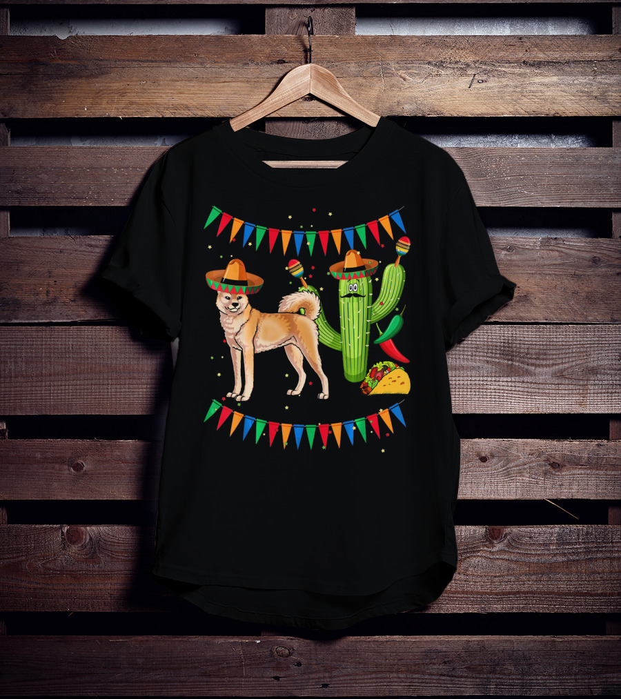 Sombrero Akita Dog Cactus Taco Maracas Mexico Cinco De Mayo T-Shirt