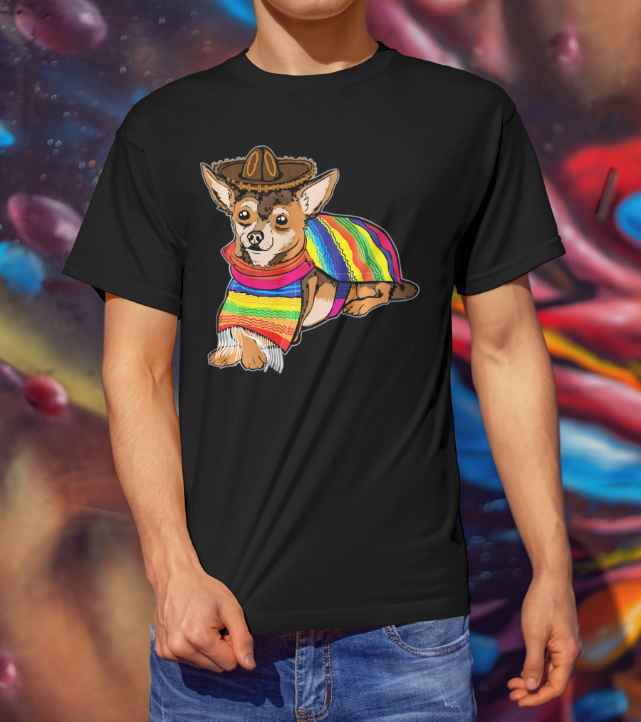 Cute Dog Chihuahua Chiweenie Mexico Sombrero Rainbow Poncho Cinc T-Shirt