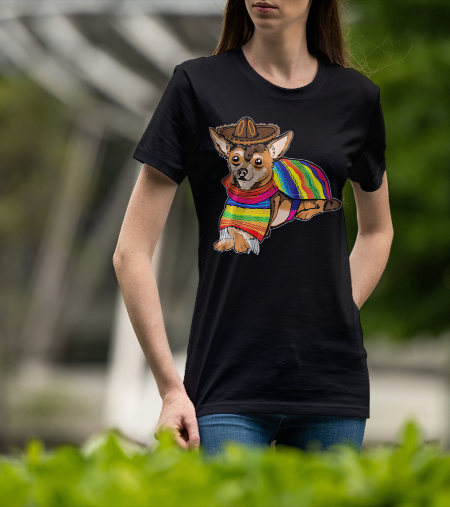 Cute Dog Chihuahua Chiweenie Mexico Sombrero Rainbow Poncho Cinc T-Shirt
