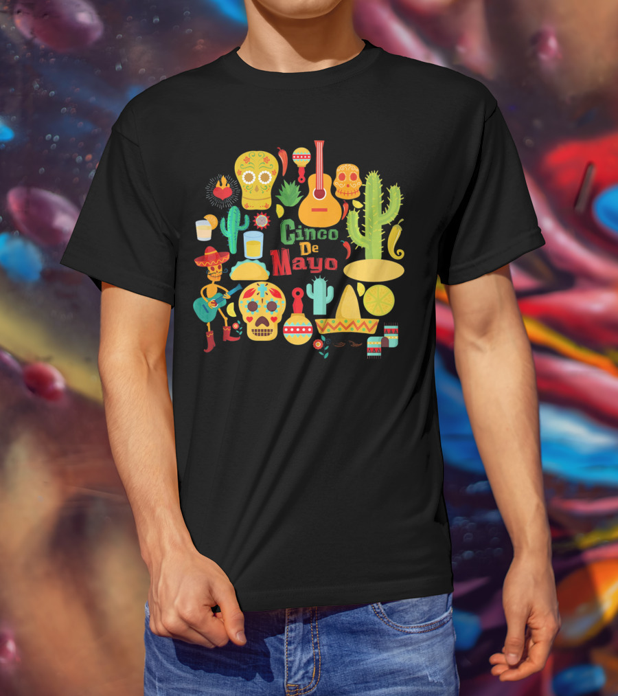 Cinco De Mayo Cactus Skull Sombrero Guitar Festivity T-Shirt
