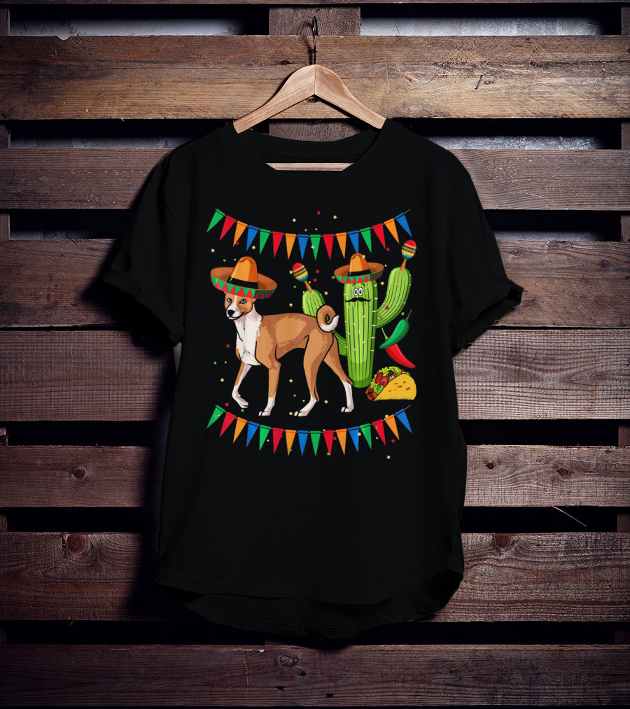 Sombrero Basenji Dog And Cactus Mexico Cinco De May Fiesta Elements T-Shirt
