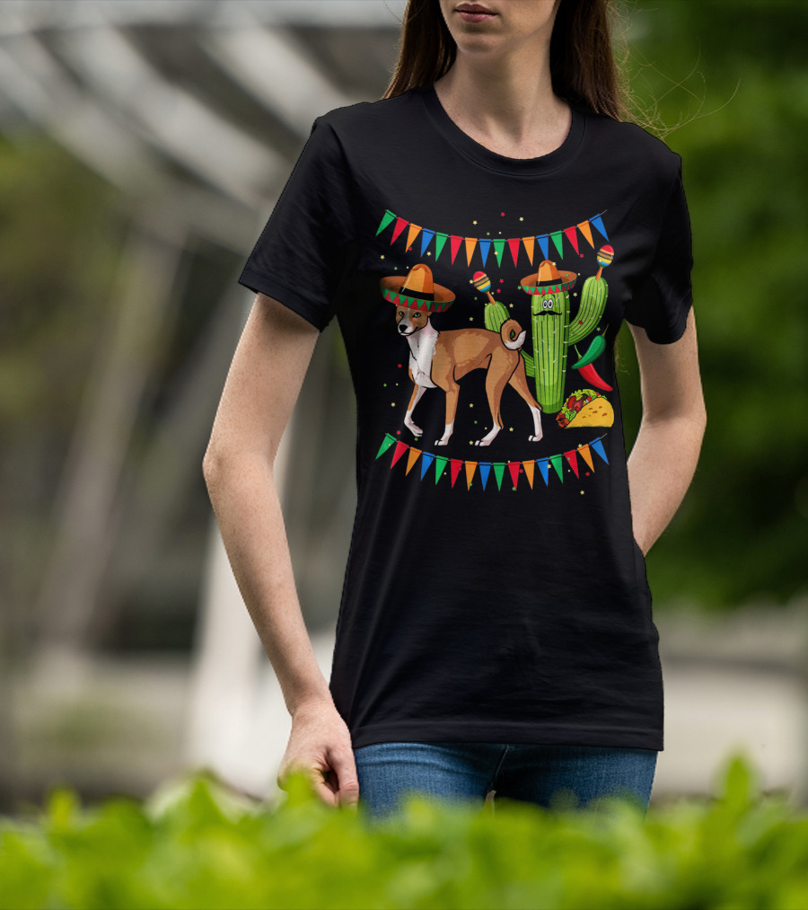 Sombrero Basenji Dog And Cactus Mexico Cinco De May Fiesta Elements T-Shirt
