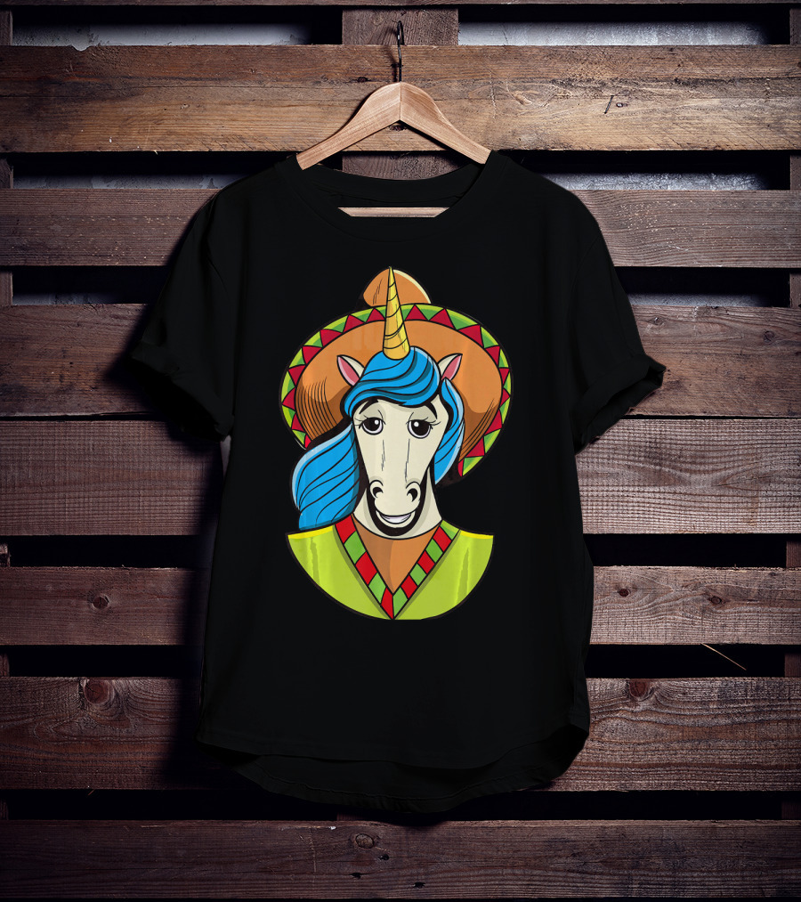 Hispanic Unicorn In Sombrero With Colorful Mane For Cinco T-Shirt