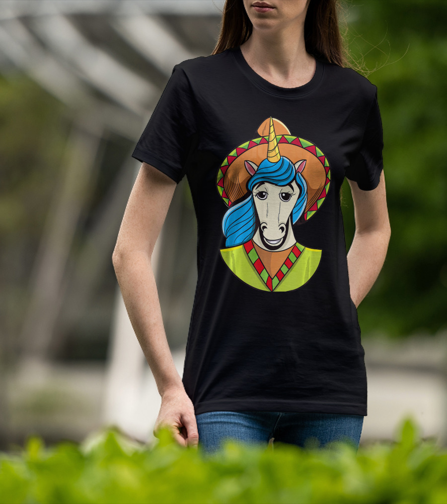 Hispanic Unicorn In Sombrero With Colorful Mane For Cinco T-Shirt