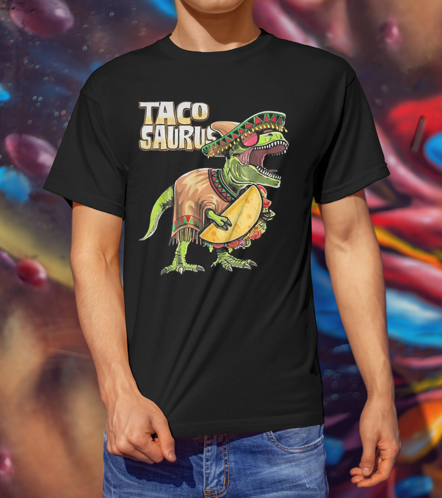 Tacosaurus Dinosaur Wearing Sombrero And Serape Holding Taco T-Shirt