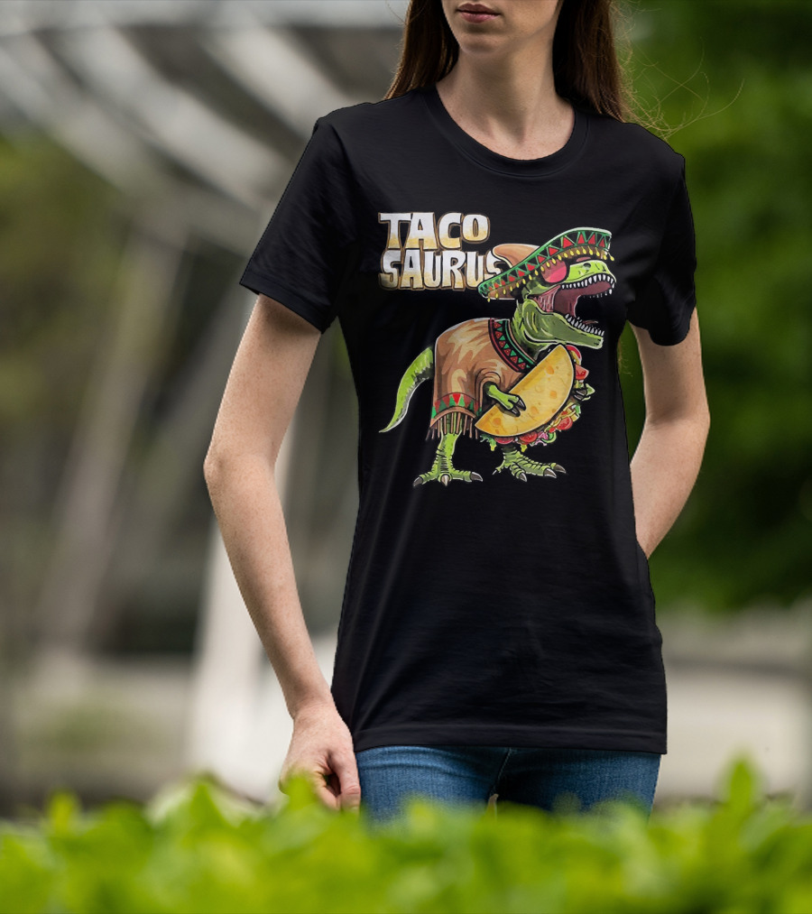 Tacosaurus Dinosaur Wearing Sombrero And Serape Holding Taco T-Shirt