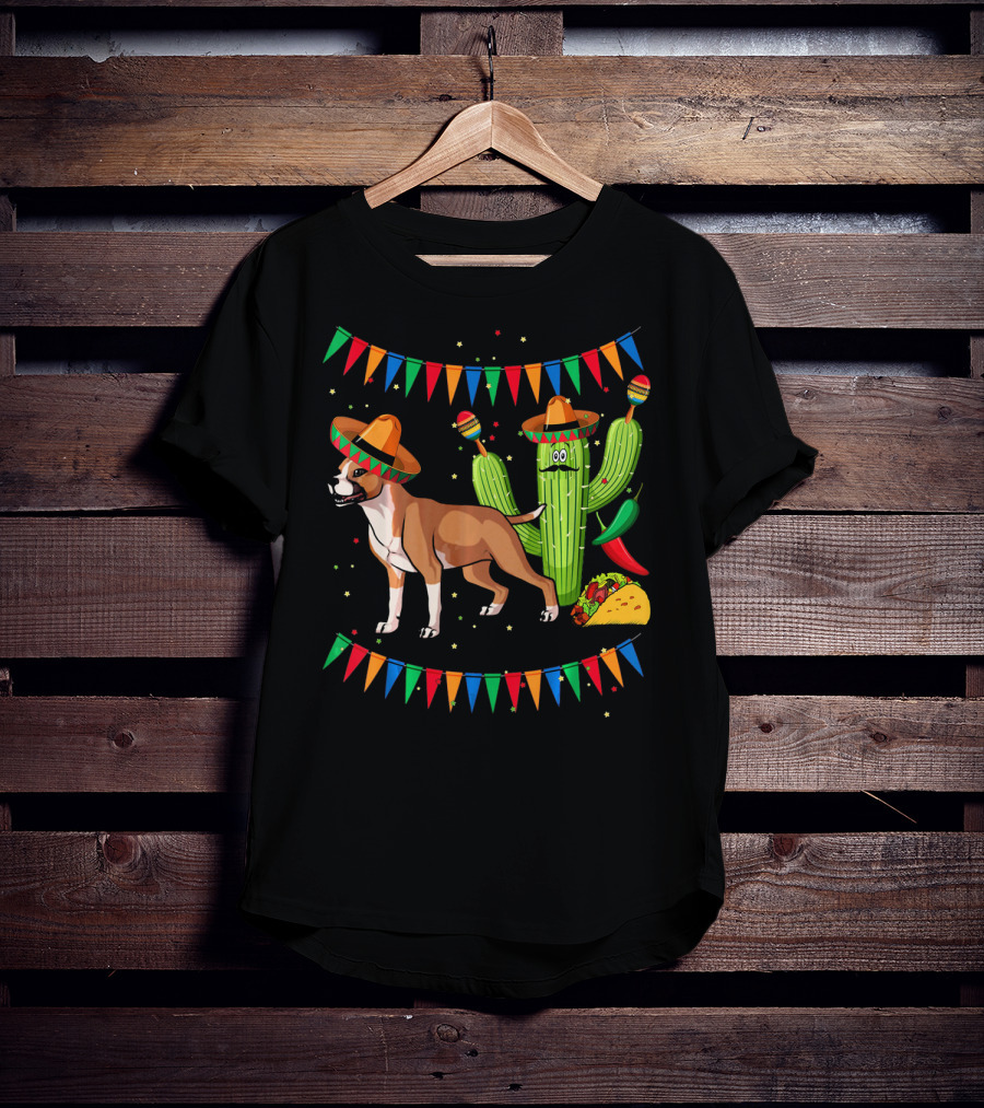 Cinco Sombrero Staffordshire Terrier Dog With Festive Cactus And Taco T-Shirt