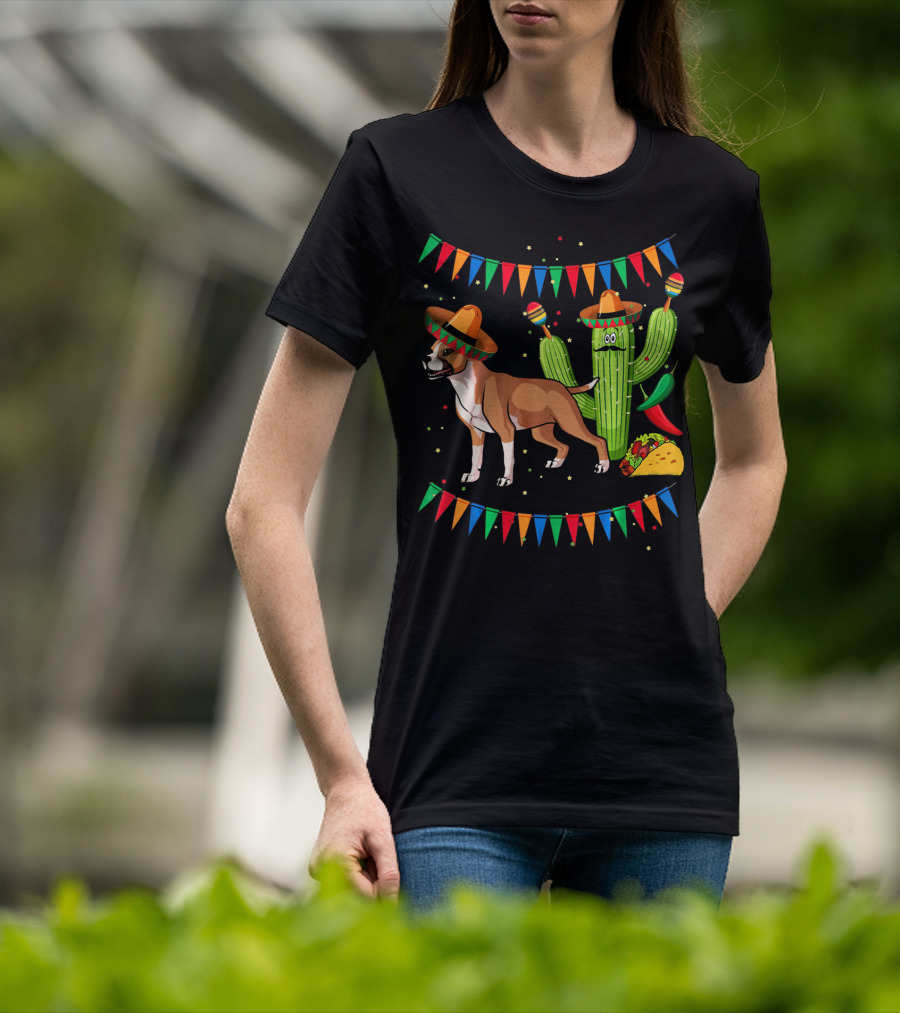 Cinco Sombrero Staffordshire Terrier Dog With Festive Cactus And Taco T-Shirt