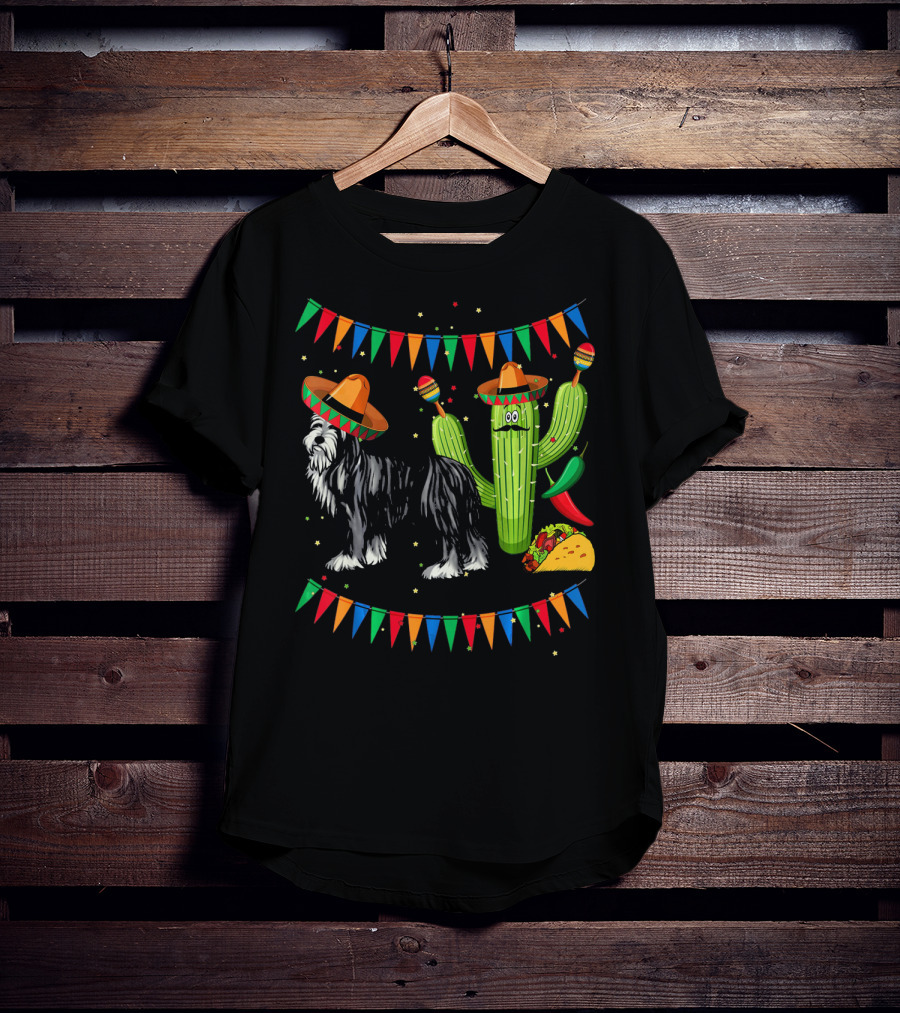 Sombrero Bearded Collie Dog Cactus Fiesta Mexico Cinco De Mayo Flags Taco Maracas T-Shirt