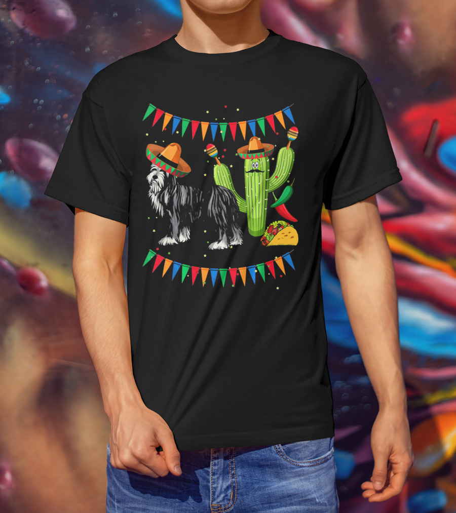 Sombrero Bearded Collie Dog Cactus Fiesta Mexico Cinco De Mayo Flags Taco Maracas T-Shirt