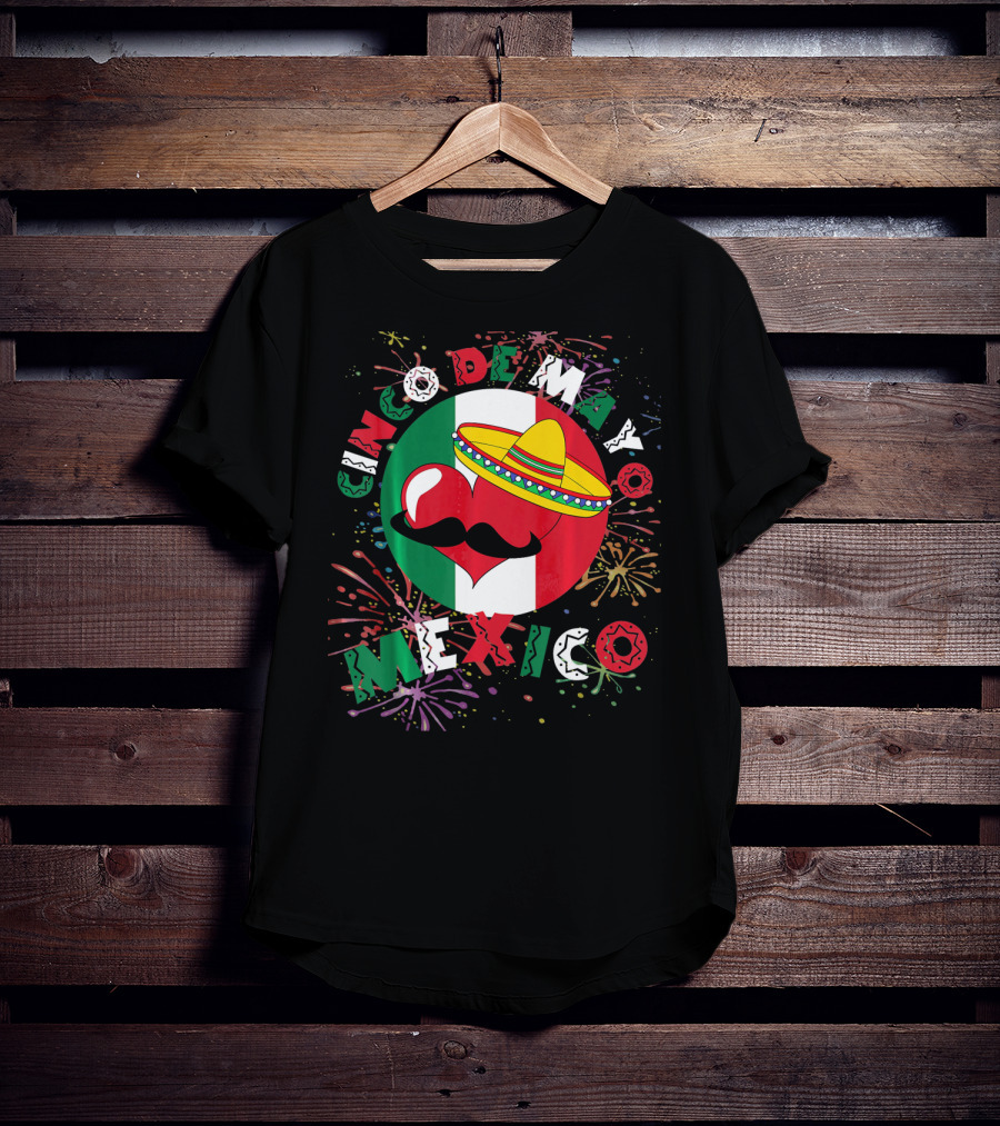 Cinco De Mayo Mexico Celebration Heart Sombrero Fireworks T-Shirt