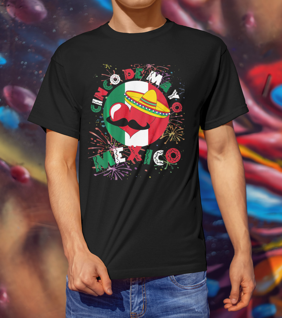 Cinco De Mayo Mexico Celebration Heart Sombrero Fireworks T-Shirt