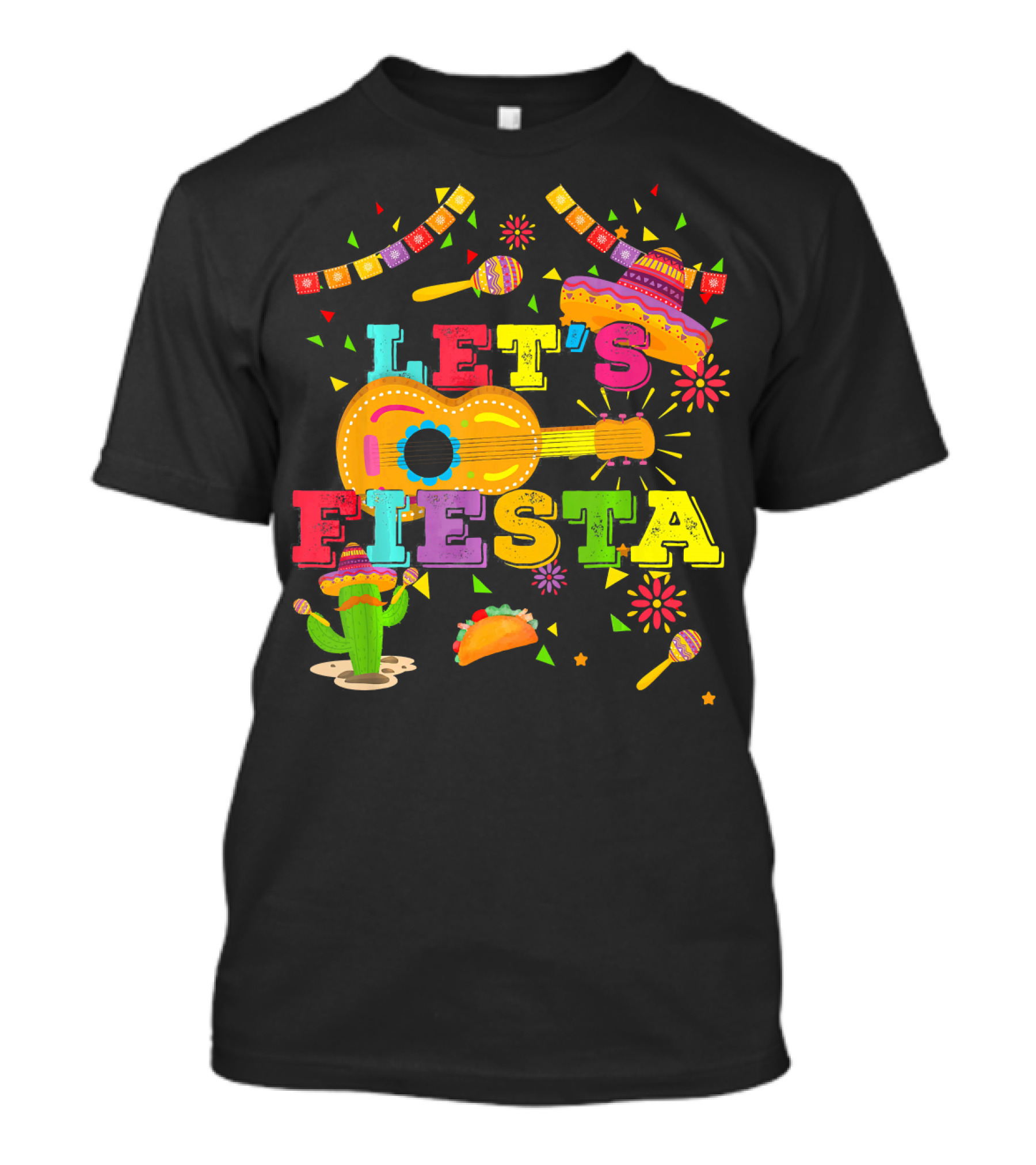 Let's Fiesta Cinco De Mayo Mexican Celebration Guitar Sombrero Maracas Taco Cactus Decorations T-Shirt