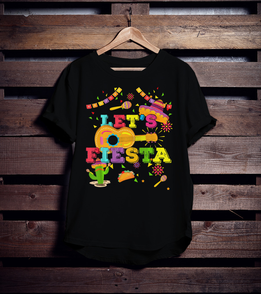 Let's Fiesta Cinco De Mayo Mexican Celebration Guitar Sombrero Maracas Taco Cactus Decorations T-Shirt