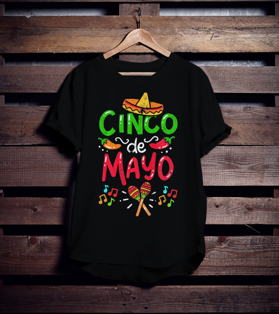 Cinco De Mayo Mexico Sombrero Maracas Peppers Music Notes T-Shirt