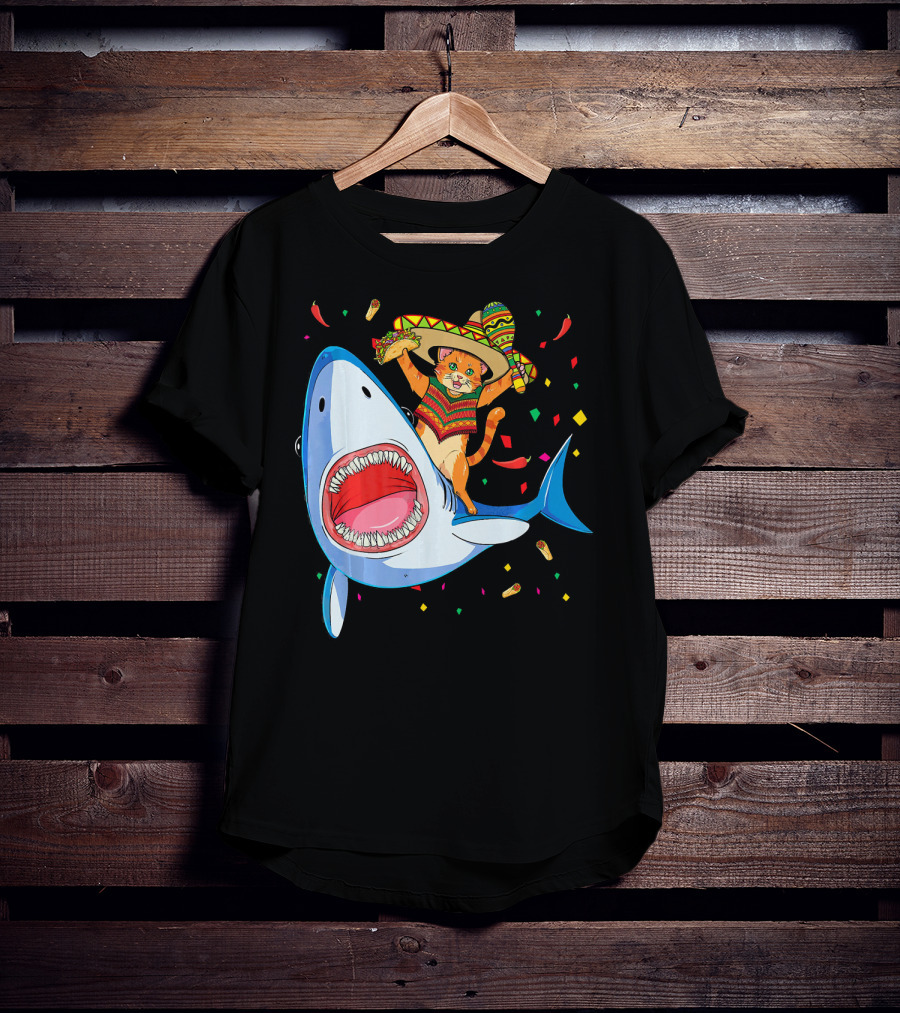 Funny Taco Cat Riding Shark Cinco De Mayo Sombrero T-Shirt