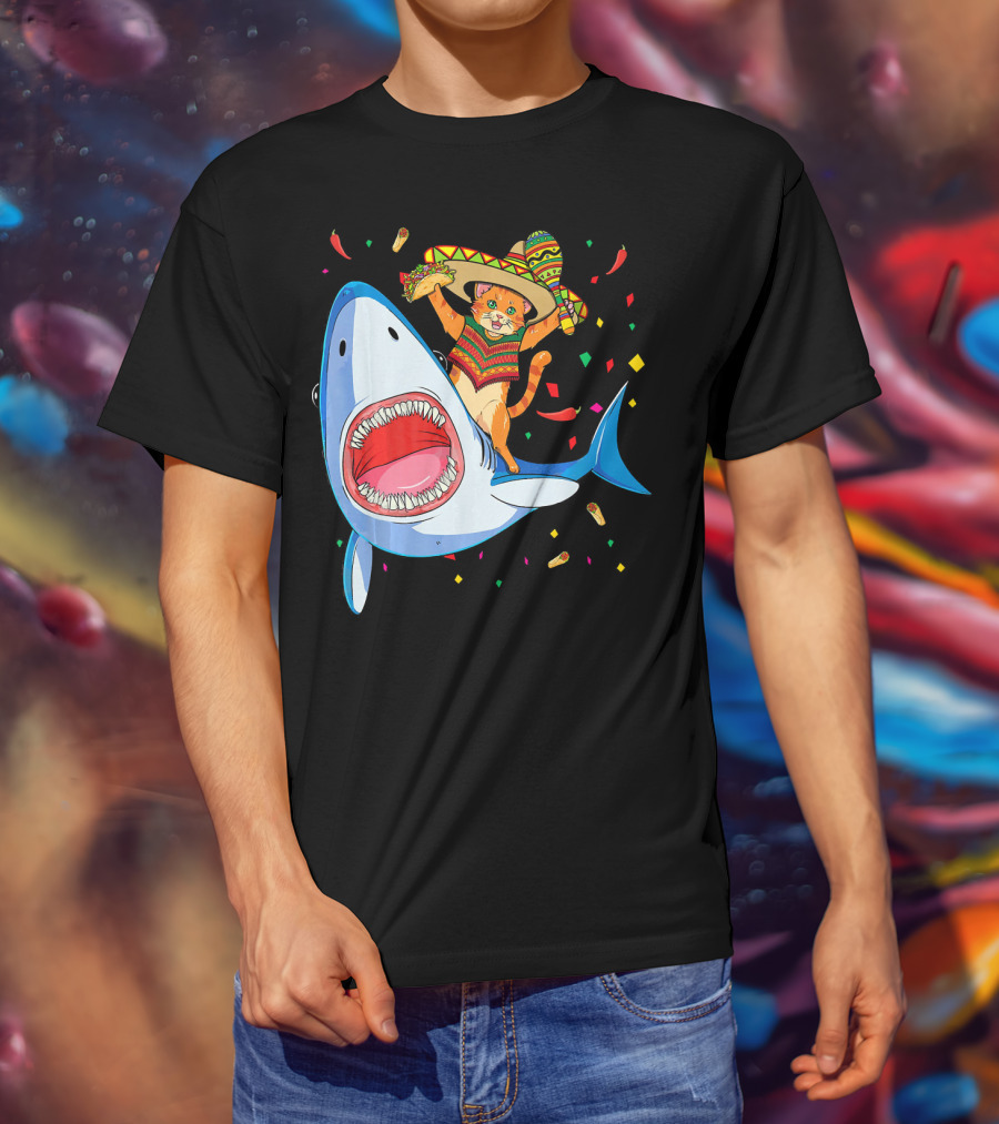 Funny Taco Cat Riding Shark Cinco De Mayo Sombrero T-Shirt