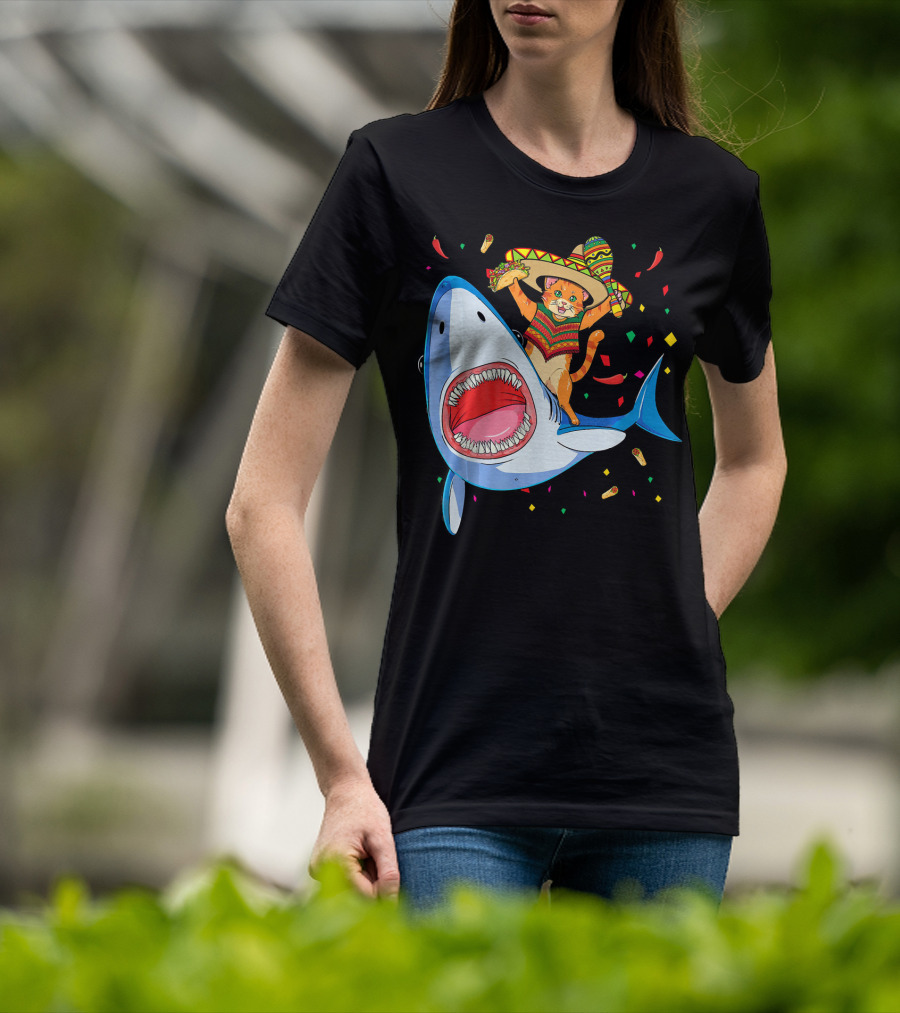 Funny Taco Cat Riding Shark Cinco De Mayo Sombrero T-Shirt
