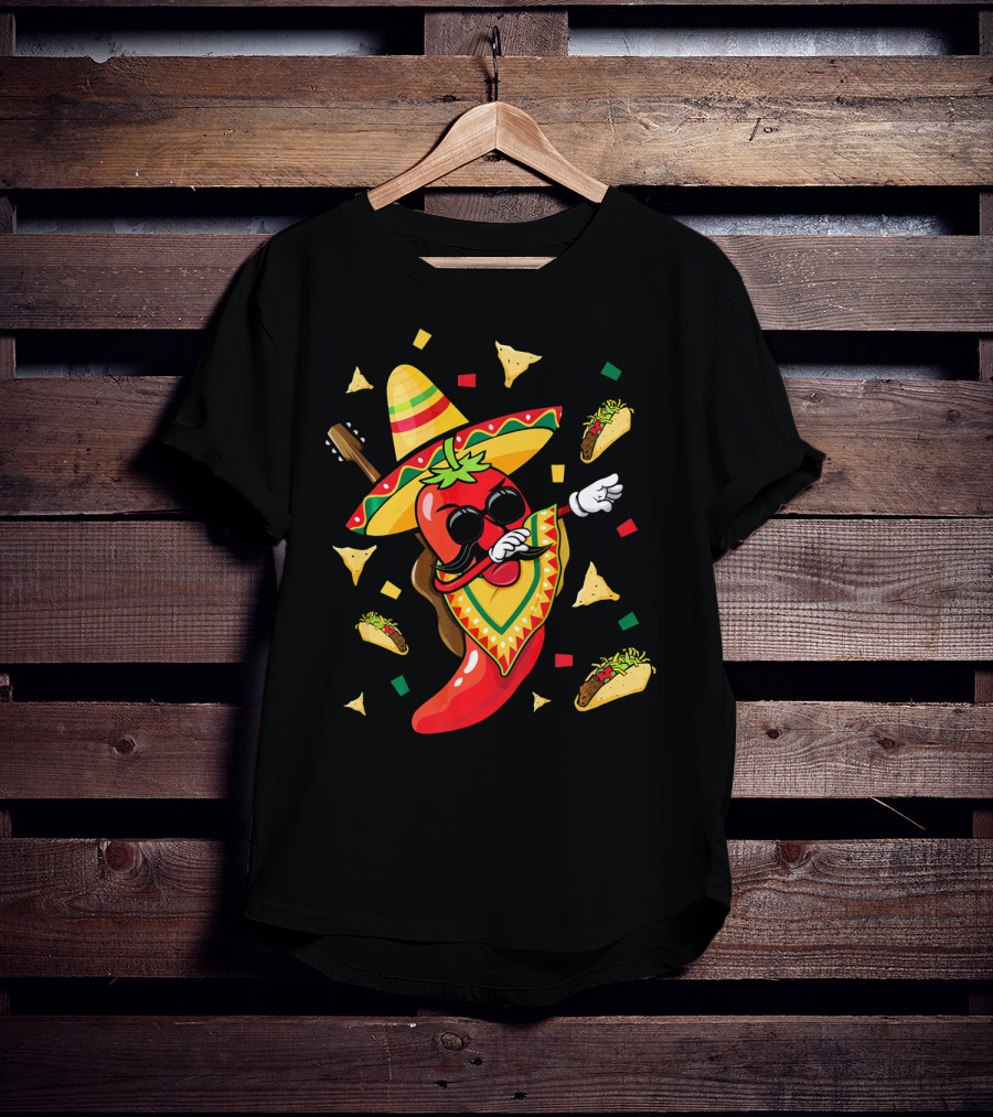 Mexican Sombrero Dabbing Jalapeno With Tacos And Nachos Fiesta Explosion T-Shirt