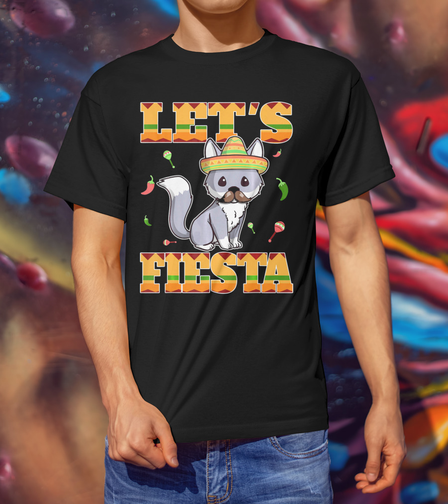 Let's Fiesta Kitty Cat Cinco De Mayo Mexi Sombrero Peppers Maracas T-Shirt