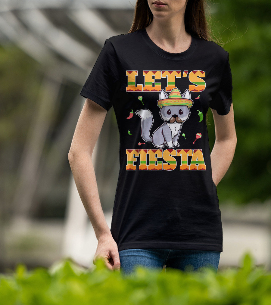 Let's Fiesta Kitty Cat Cinco De Mayo Mexi Sombrero Peppers Maracas T-Shirt
