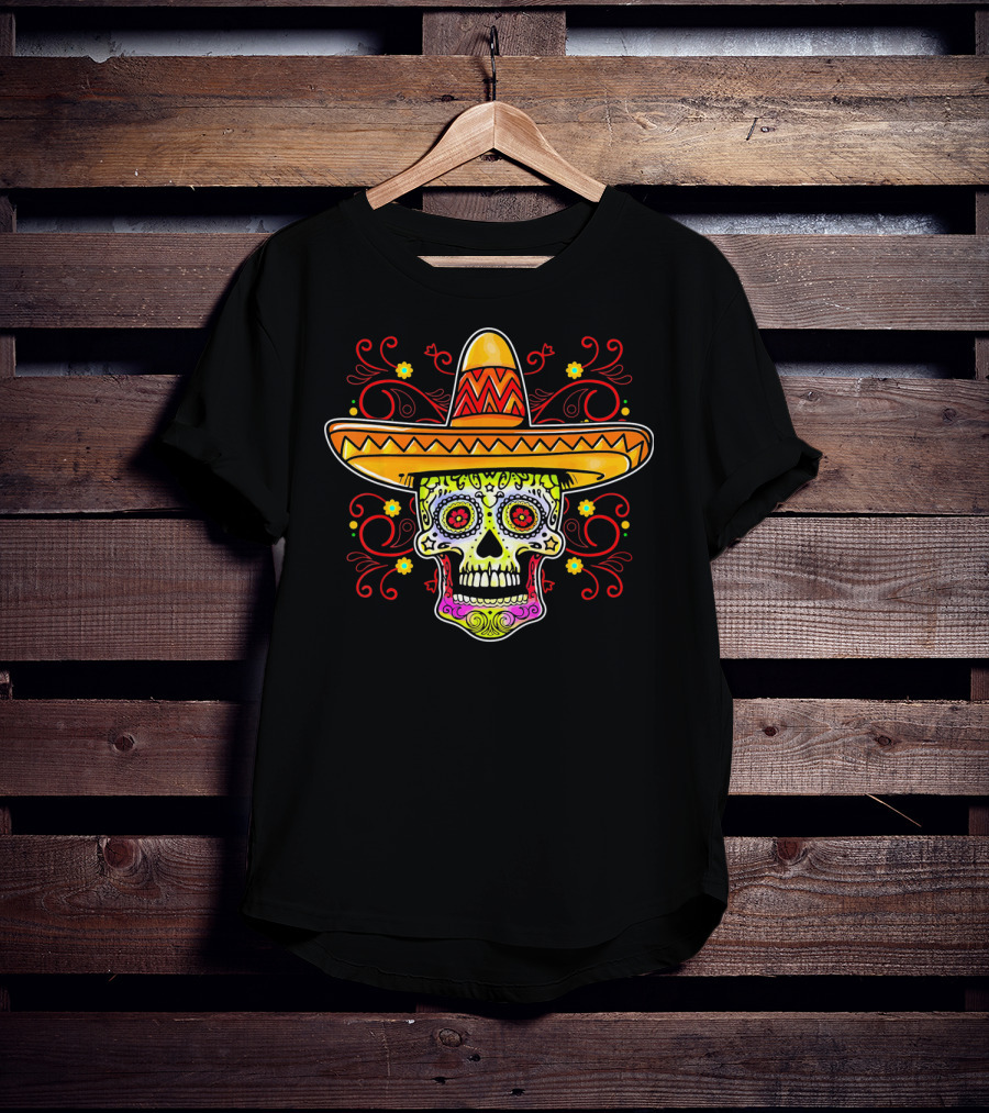 Sugar Skull Sombrero Colorful Floral T-Shirt