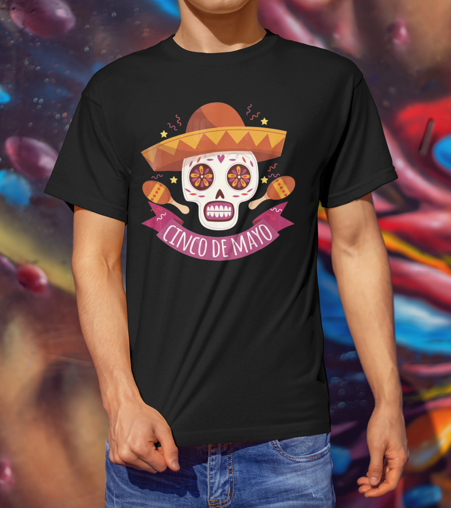 Cinco De Mayo Mexican Skull With Sombrero And Maracas T-Shirt