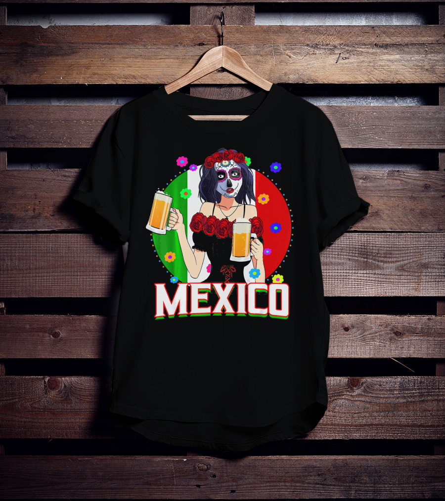 Cinco De Mayo Sugar Skull Woman Holding Beers Mexico Flag T-Shirt