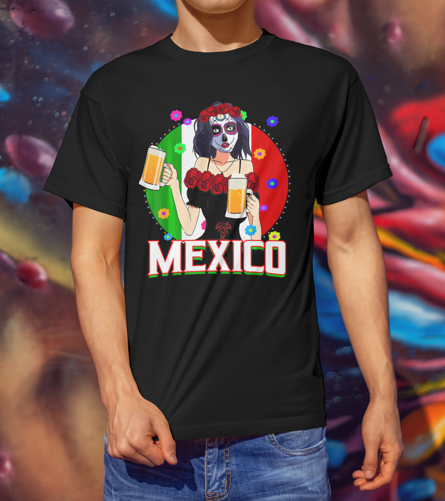 Cinco De Mayo Sugar Skull Woman Holding Beers Mexico Flag T-Shirt