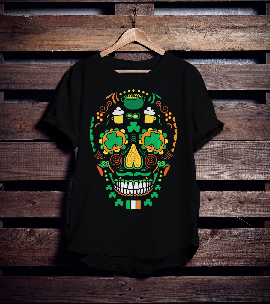 Shamrock Sugar Skull Irish Cinco De Mayo T-Shirt