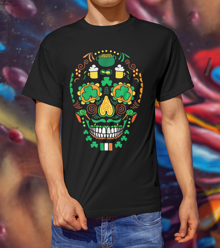 Shamrock Sugar Skull Irish Cinco De Mayo T-Shirt