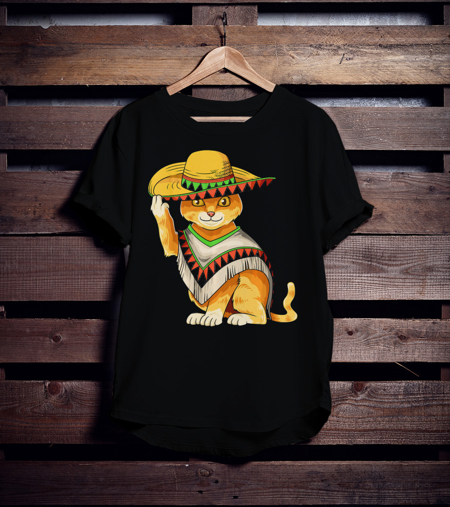 Mexican Cat Cinco De Mayo Cat Poncho Sombrero Fiesta T-Shirt