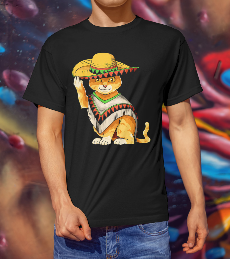 Mexican Cat Cinco De Mayo Cat Poncho Sombrero Fiesta T-Shirt