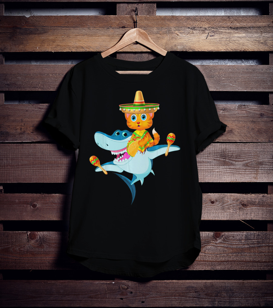 Funny Cinco De Mayo Cat Riding A Shark Sombrero Maracas Fiesta T-Shirt