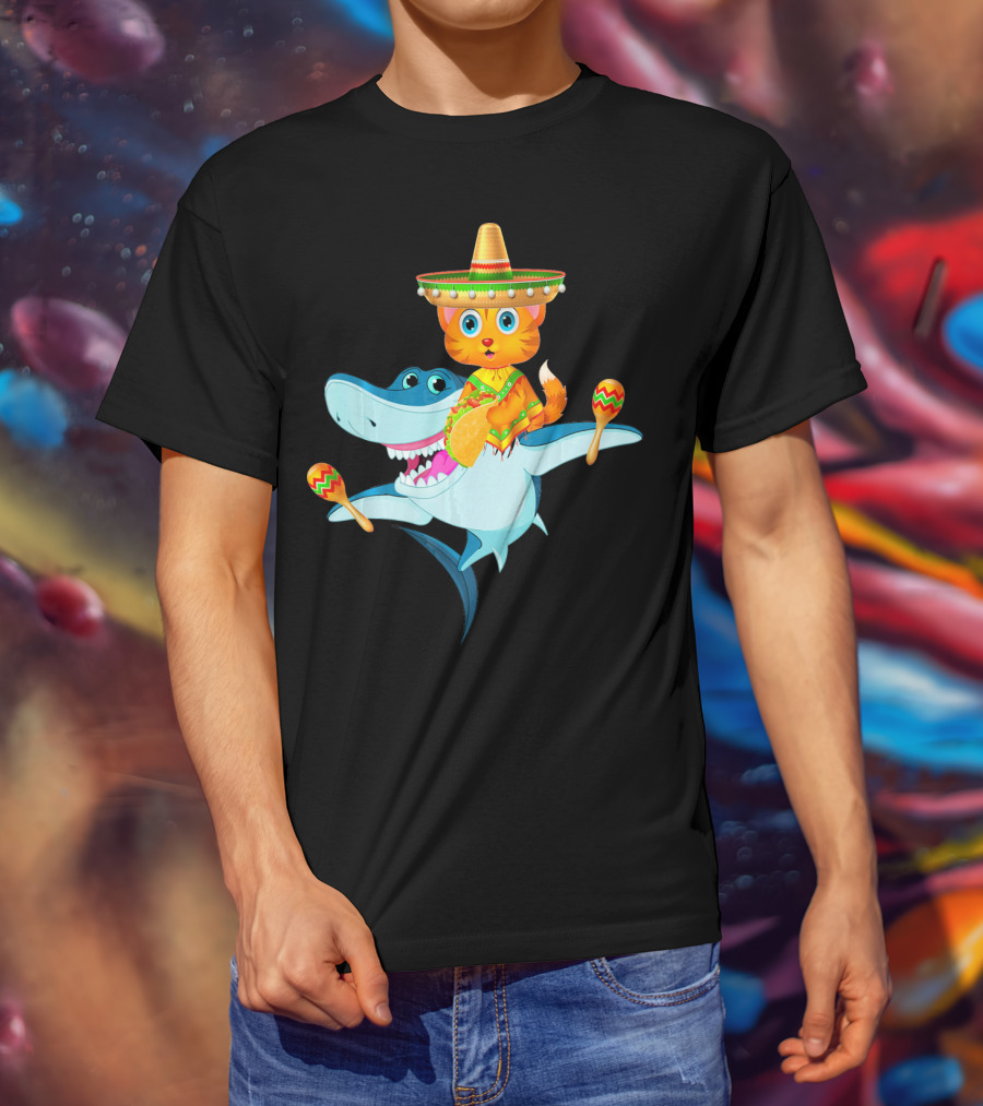 Funny Cinco De Mayo Cat Riding A Shark Sombrero Maracas Fiesta T-Shirt
