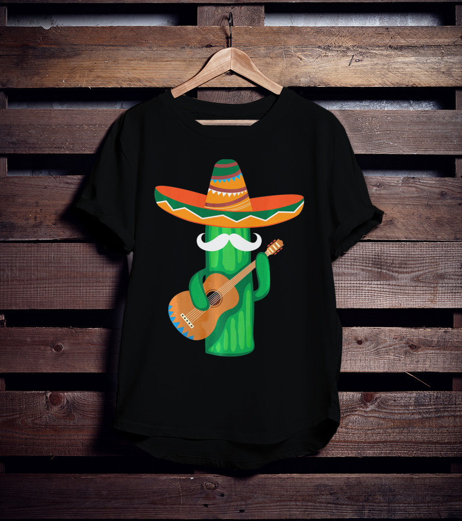 Mustache Cactus Sombrero Playing Guitar T-Shirt
