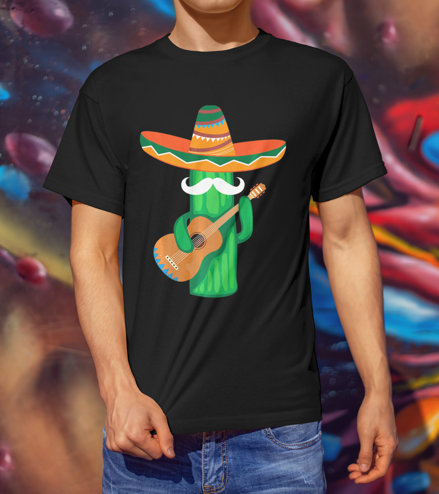 Mustache Cactus Sombrero Playing Guitar T-Shirt