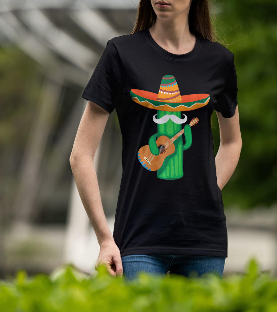 Mustache Cactus Sombrero Playing Guitar T-Shirt