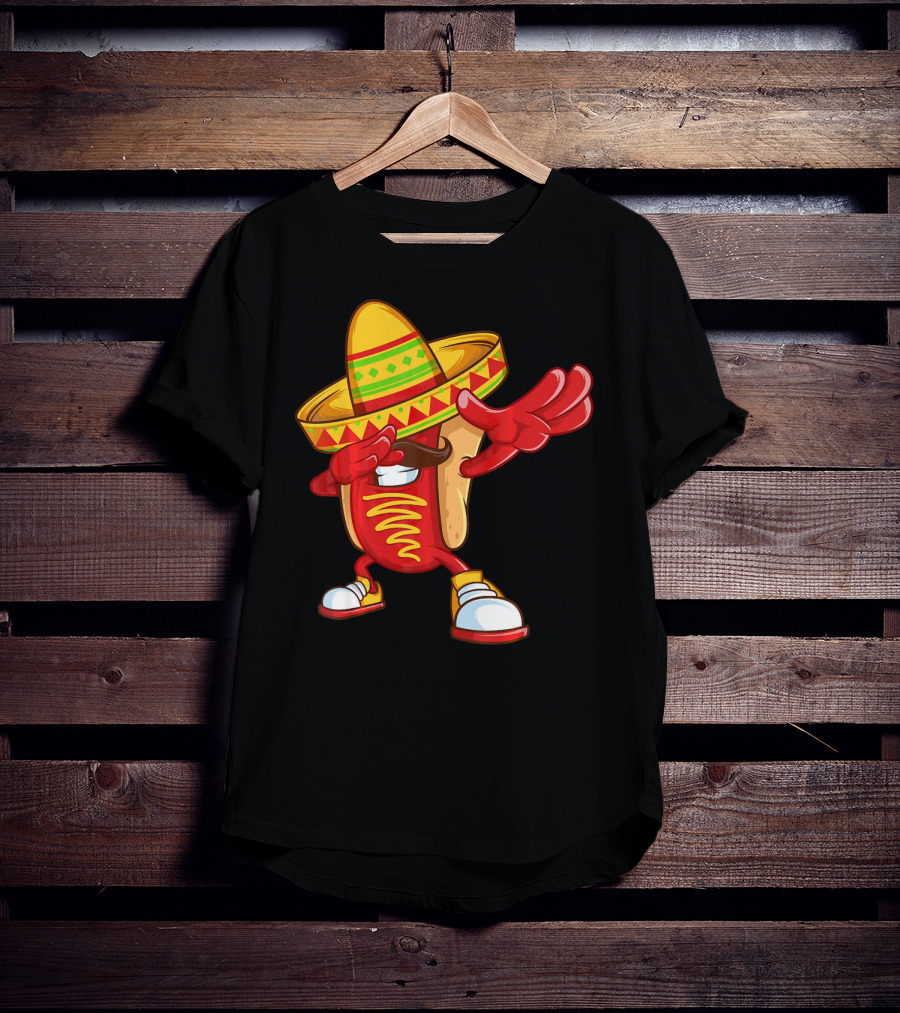 Funny Dabbing Hotdog Sombrero Mexican Cinco De Mayo T-Shirt