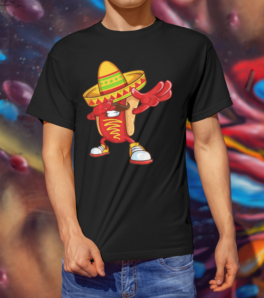 Funny Dabbing Hotdog Sombrero Mexican Cinco De Mayo T-Shirt
