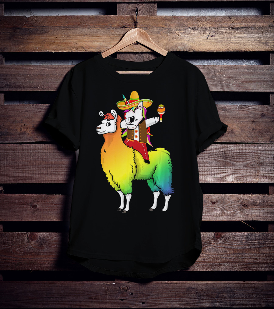 Unicorn Dabbing Riding Llama With Sombrero And Maracas Funny Cinco T-Shirt