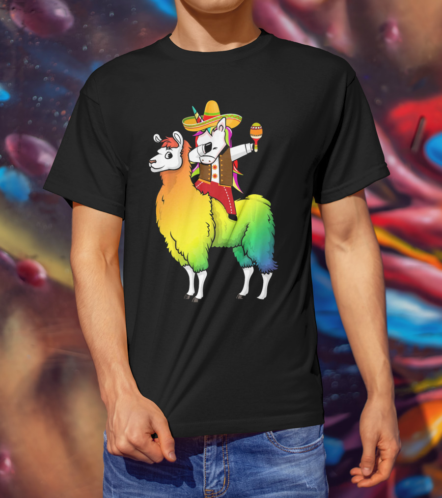 Unicorn Dabbing Riding Llama With Sombrero And Maracas Funny Cinco T-Shirt