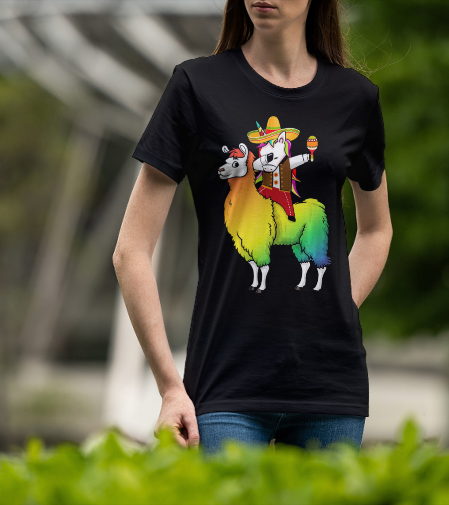 Unicorn Dabbing Riding Llama With Sombrero And Maracas Funny Cinco T-Shirt